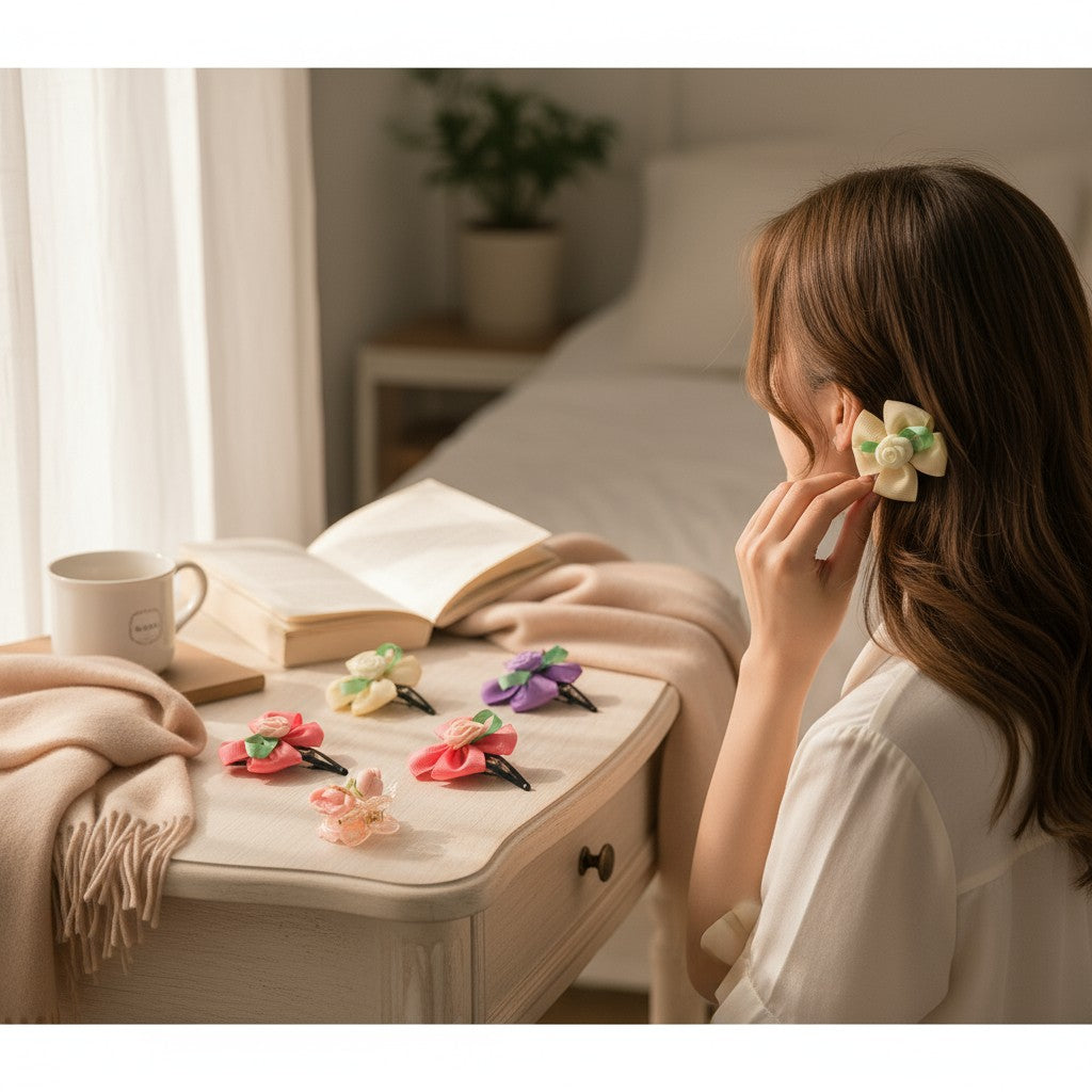 Pack of 9 Rose Flower Detailed Tic-tac Pins and flower Clutchers - Off white, Pink, Purple