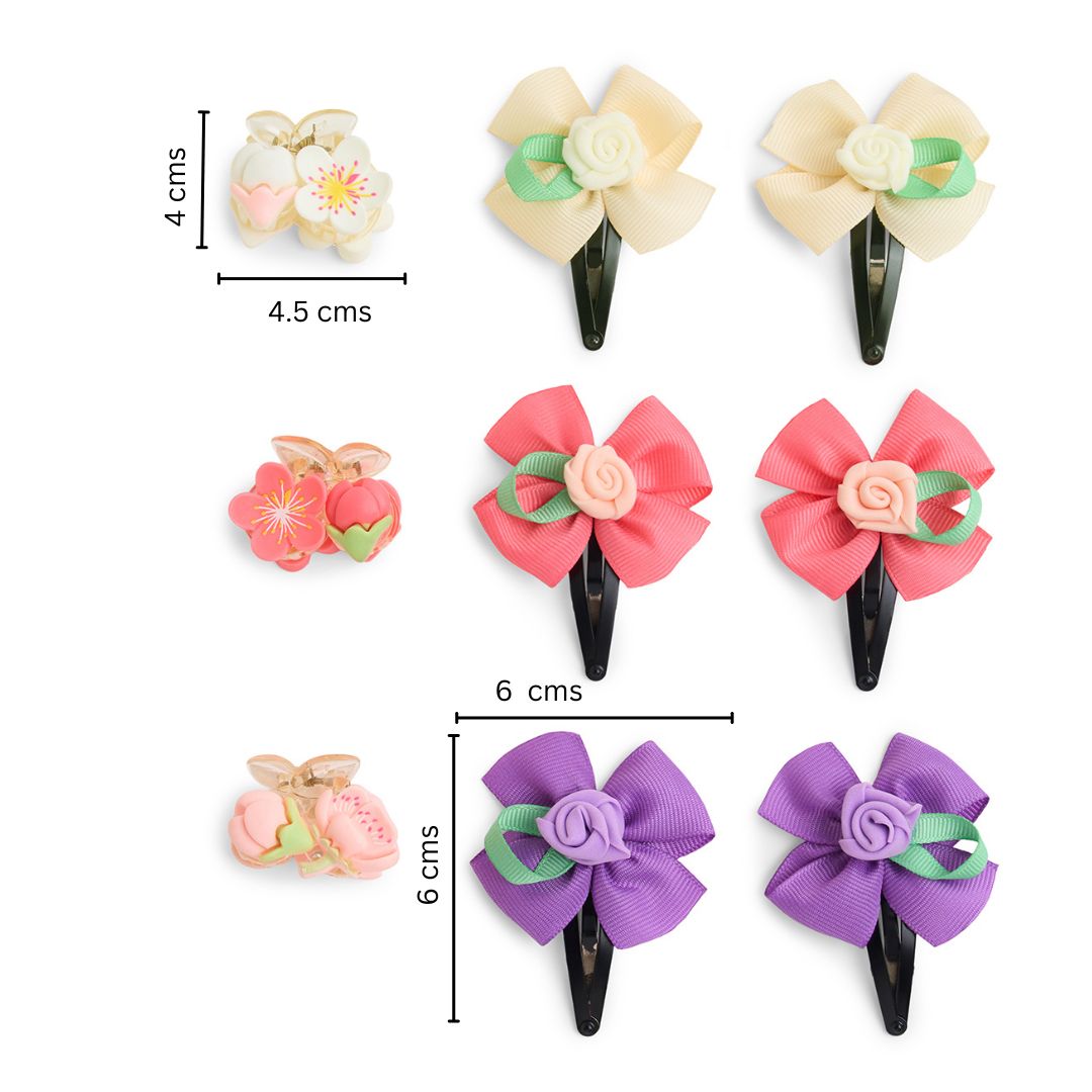 Pack of 9 Rose Flower Detailed Tic-tac Pins and flower Clutchers - Off white, Pink, Purple