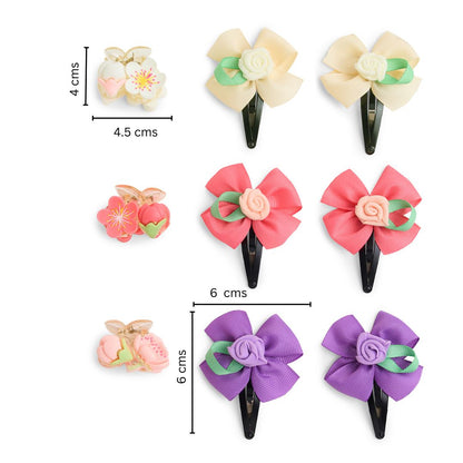 Pack of 9 Rose Flower Detailed Tic-tac Pins and flower Clutchers - Off white, Pink, Purple
