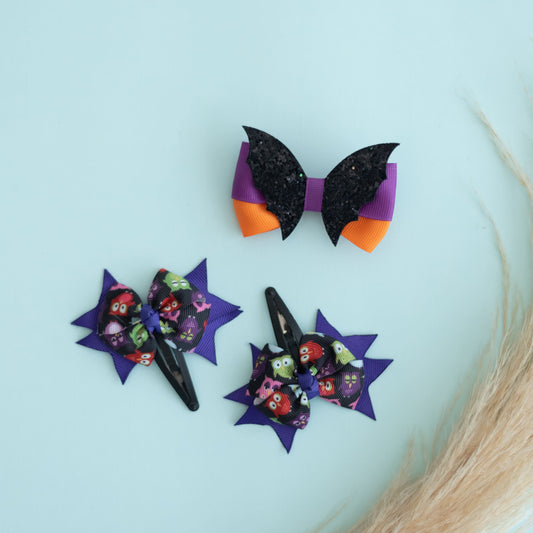 Hallowe : Owl printed bow on tic-tac pins along with cute fancy bow on bat with alligator clip - Purple, Orange, Black
