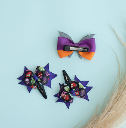 Halloween combo: Unique pair of printed double bow on tic-tac pins along with cute fancy bow on bat with alligator clip - Purple, Orange, Black (Set of 1 pair and 1 single bow - 3 quantity)