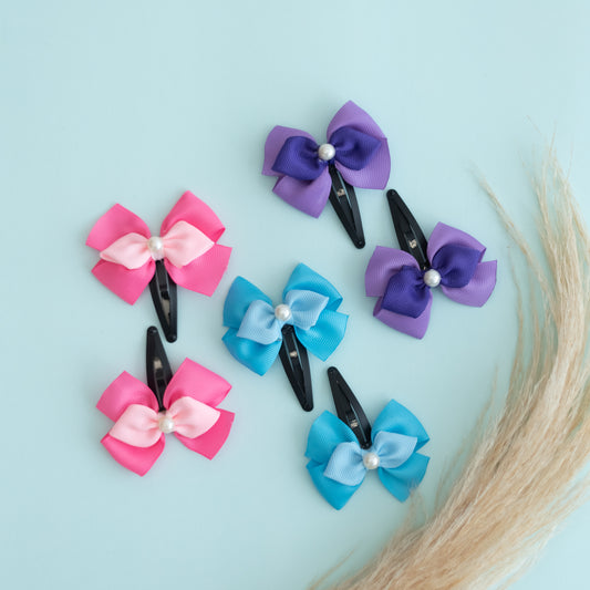 Combo: Cute dual bow design tic-tac - Pink, Blue, Purple (Set of 3 pairs - 6 quantity)