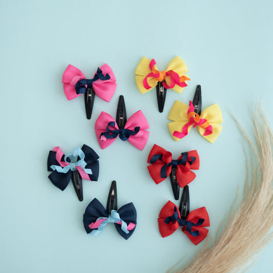 Combo: Set of 4 cute adorable bows with curly ribbons on tic-tac pins combo - Pink, Yellow, Red and Navy blue (Set of 4 pair - 8 quantity)