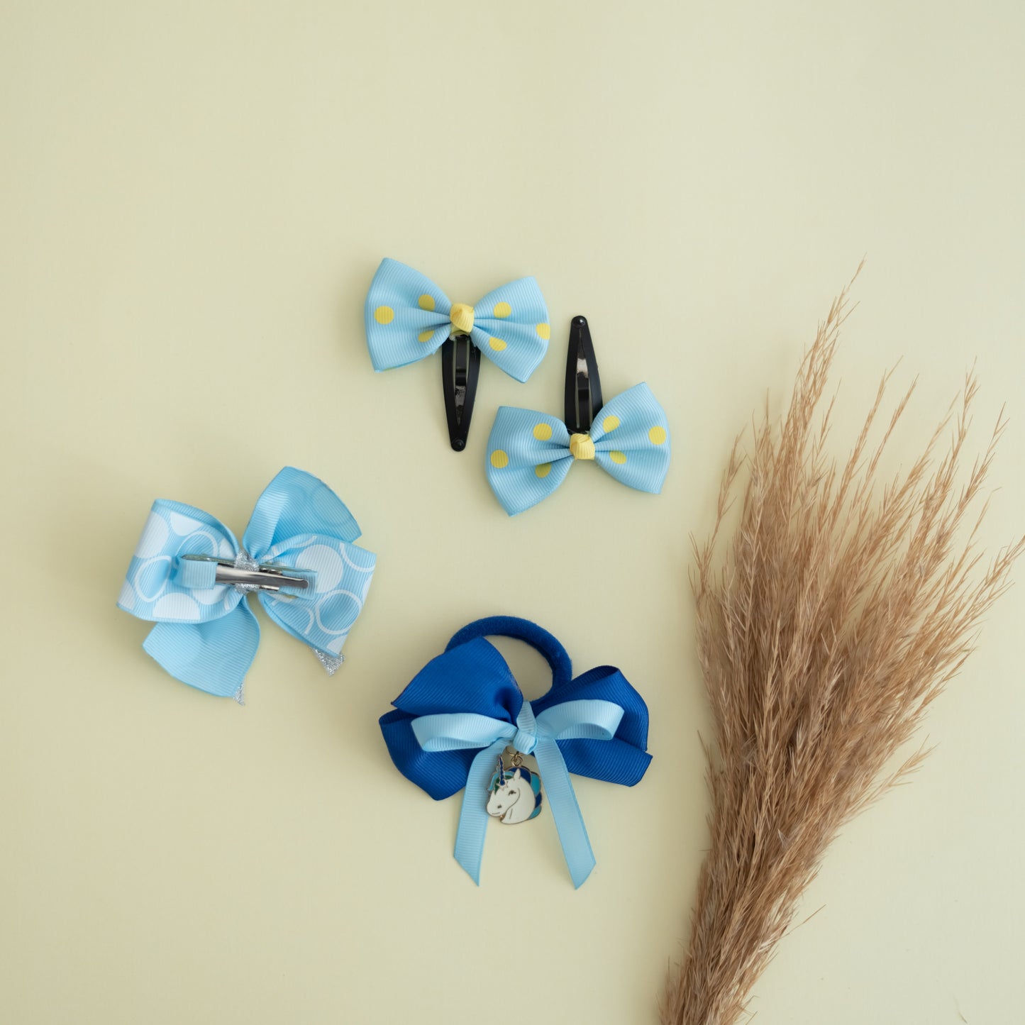 Cute double bow rubberband with unicorncharm, silver and blue double bow on  alligator clip and polka dot tic-tacs - Blue and Silver  (Set of 1 pair and 2 singles bow - 4 quantity)