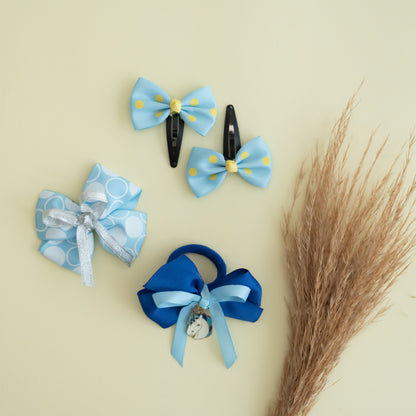 Cute double bow rubberband with unicorncharm, silver and blue double bow on  alligator clip and polka dot tic-tacs - Blue and Silver  (Set of 1 pair and 2 singles bow - 4 quantity)