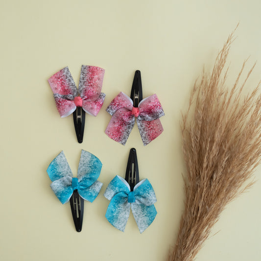 Combo: Cute printed ribbon bows on tic-tac pins - Pink and Blue (Set of 2 pairs = 4 quantity)