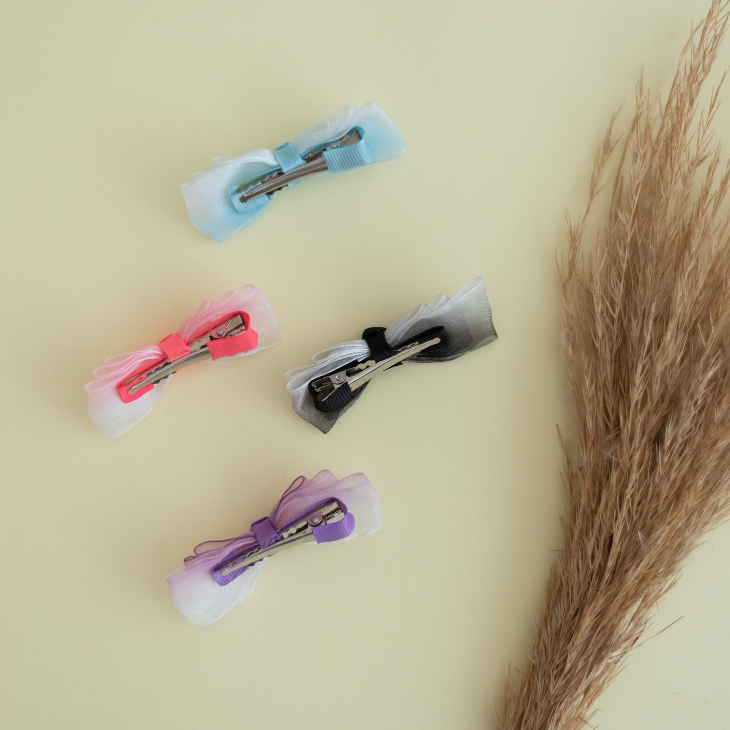 Combo: Shaded organza double loop bows on alligator clip -Pink, Purple, Black and Blue (4 single bow = 4 quantity)