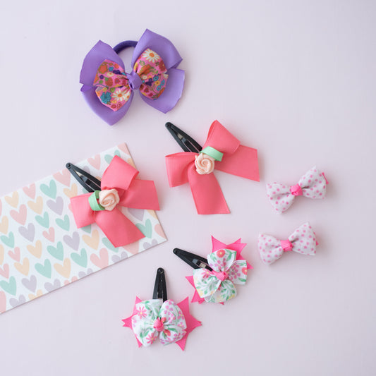 Combo: Cute double bow rubberband, peach dazzling rose embellished bow on tic-tac pins, pink and white double bow on  tic-tac clips and polka dotted alligator clips - Purple, Peach, White, Pink