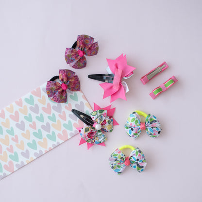 Combo: Cute bow rubberbands, pink and white double bow on  tic-tac clips and loopy bows on alligator clips - White, Pink, Green