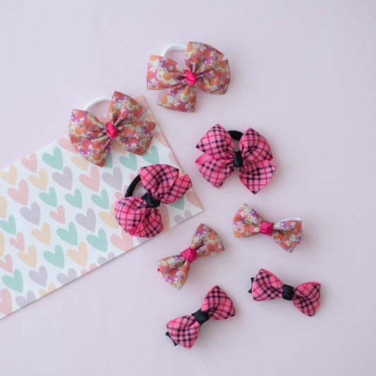 Combo: Checkered bow alligator clips and rubberbands and floral printed bow alligator clips and rubberbands - Light Pink, Multicolor