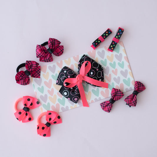 Combo: Checkered bow alligator clips and rubberbands and polka dotted bow alligator clips and rubberbands and pink and black double bow on  alligator clip- Pink, Black