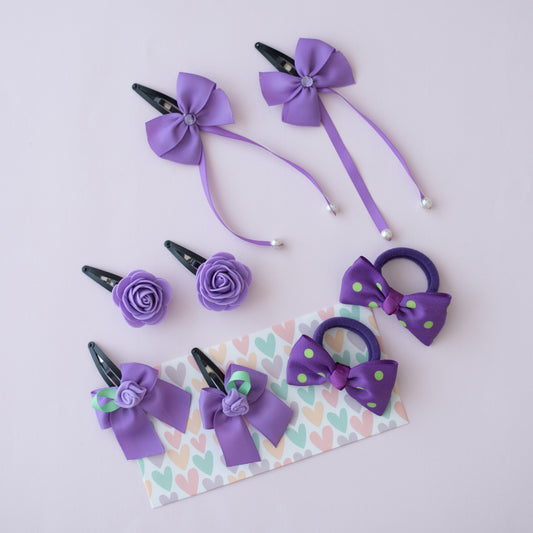 Combo: Danglers tic-tac clips, rose tic-tac pins, bow tic-tac clips embellished with rose dotted bow rubberbands - Purple