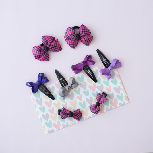 Combo: 1 Pair checkered bow alligator clips and 1 pair checkered bow rubberbands with  4 set tic-tac clips- Purple
