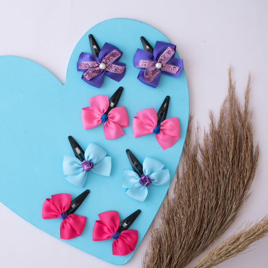 Combo: Cute 3 pairs of bow tic-tac clips and 1 pair glitter ribbon bow tic-tac pins - Purple, Pink, Light blue