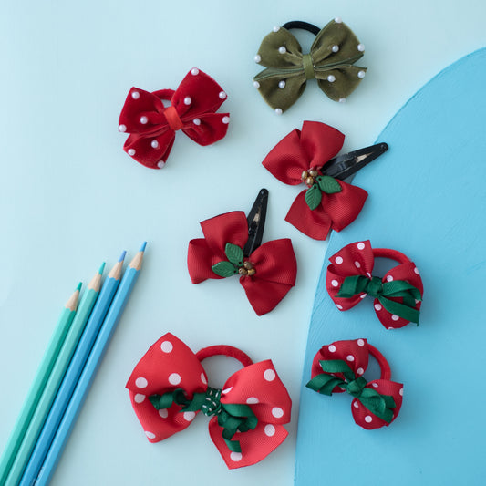 Combo: Polka dotted rubberband- 1 big and 2 small,  Red bows with  embellishments on tic- tac pins, red and green bow on rubber band with pearls - Red, Green