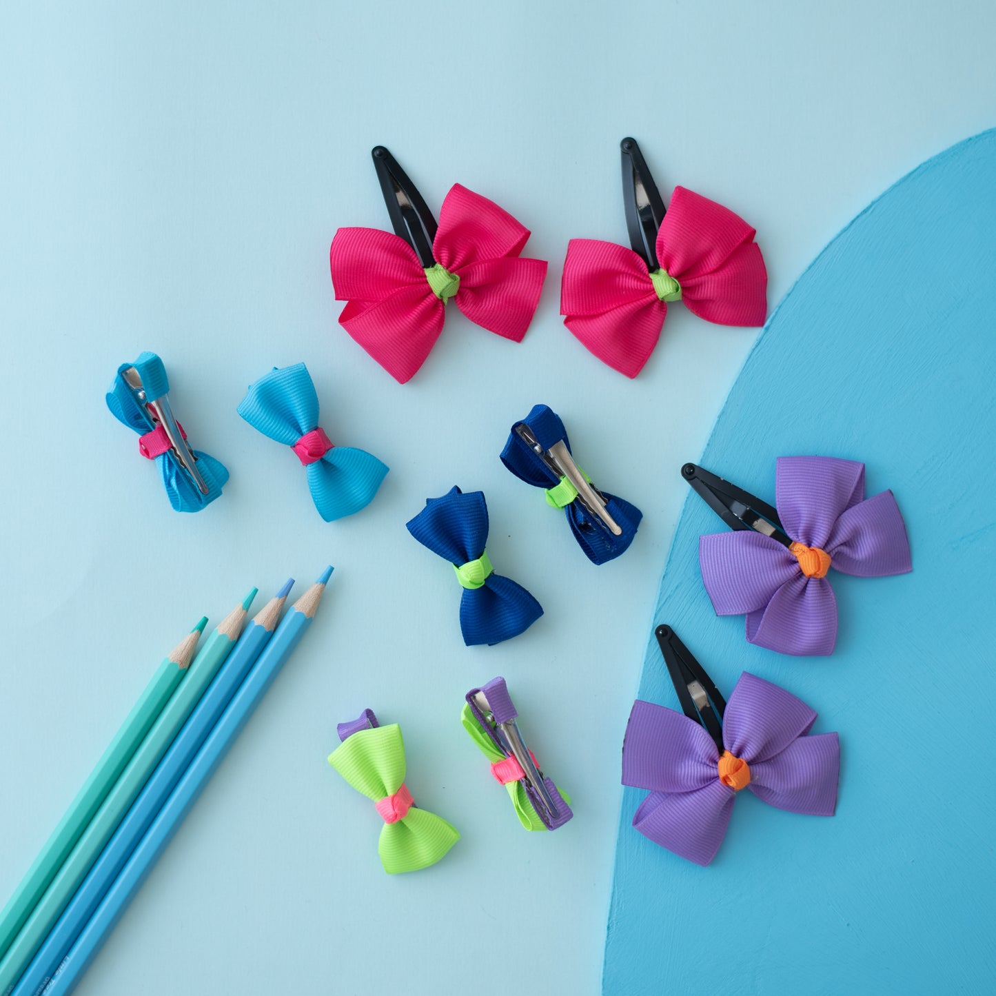 Combo: Colourful bow tic-tac pins and alligator clippies - Pink, Purple, Green, Light blue
