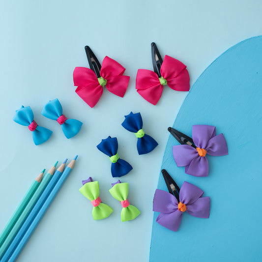 Combo: Colourful bow tic-tac pins and alligator clippies - Pink, Purple, Green, Light blue