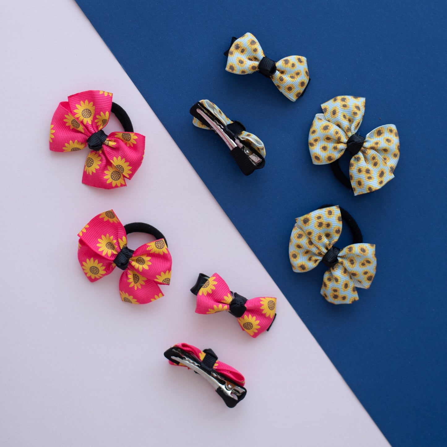 Combo:  Sunflowers printed bow alligator clips and rubberbands - Pink, Grey