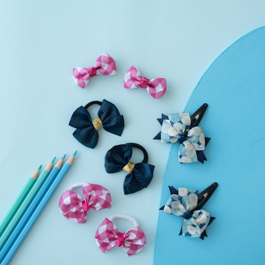 Combo: Checkered bow alligator clips and rubberbands and floral printed double bow tic-tac clips and rubberbands - Light Pink, Nevy blue