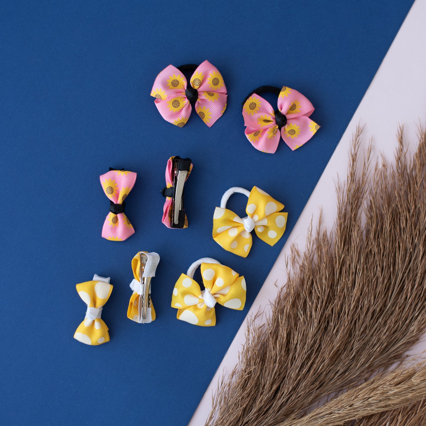 Combo:  Floral printed bow alligator clips, polka dotted bow alligator clips and rubberbands - Light Pink, Yellow