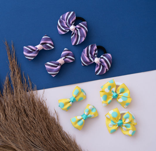 Combo: Polka dotted bow alligator clips and rubberbands and stripped bow alligator clips and rubberbands - Yellow, Purple