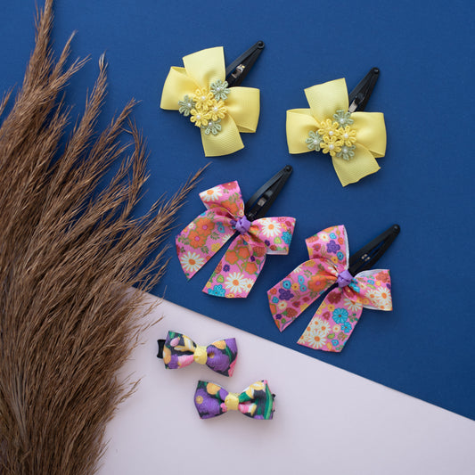 Combo: Cute floral bows on tic-tac pins  and alligator pins - Yellow, Orange, Multicolor
