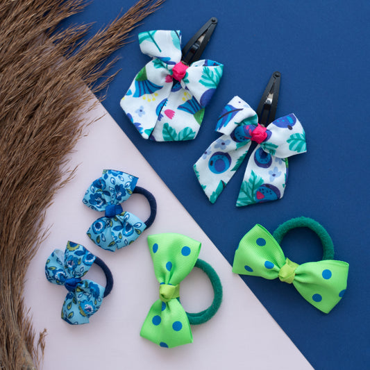Combo: Cutefloral bow and polka dotted bow tic-tac pins and rubber bands - Blue,Green