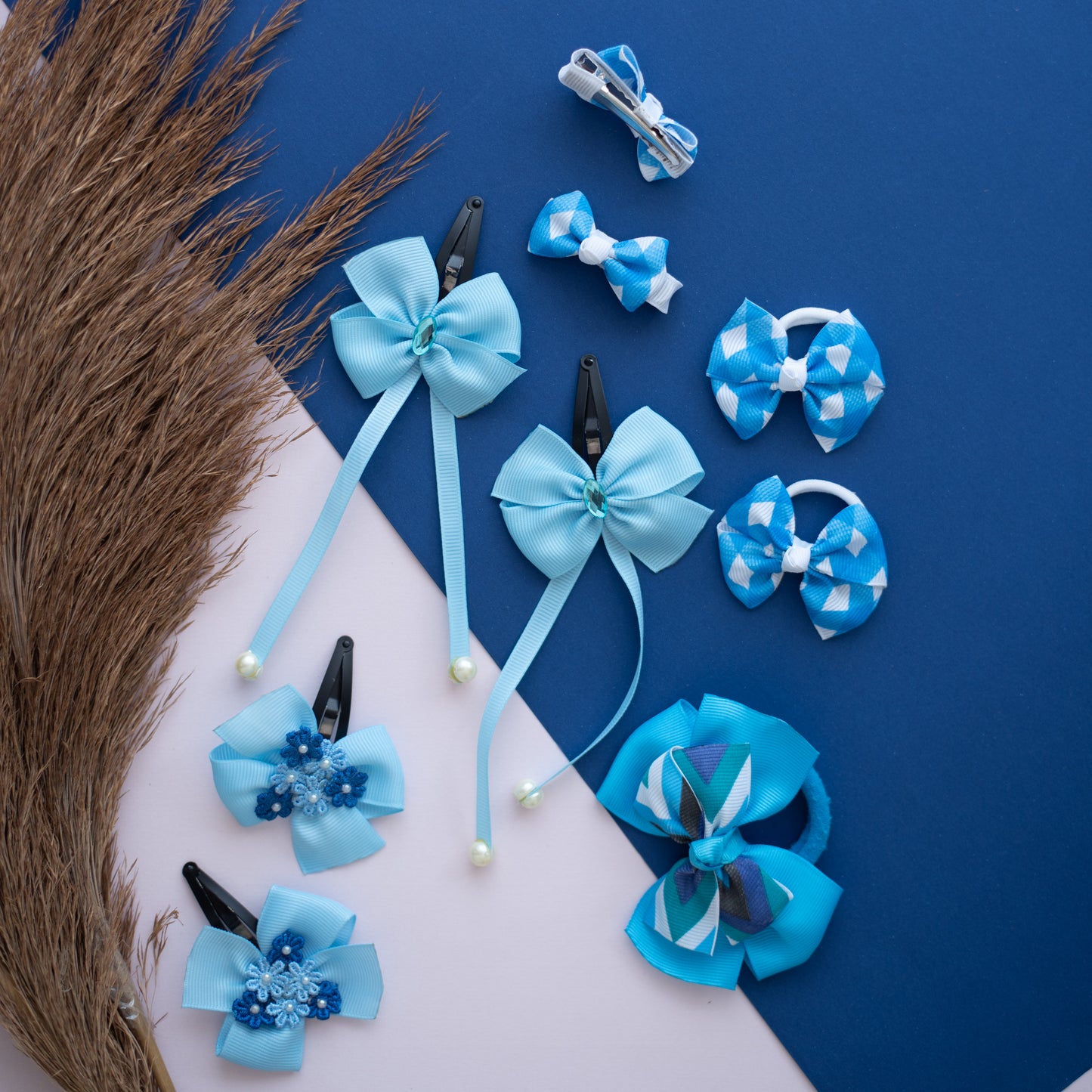 Combo: Cute ribbon bow danglers, tic-tac clips, rubberbands and alligator pins - Blue