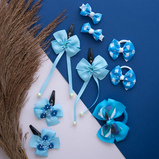 Combo: Cute ribbon bow danglers, tic-tac clips, rubberbands and alligator pins - Blue