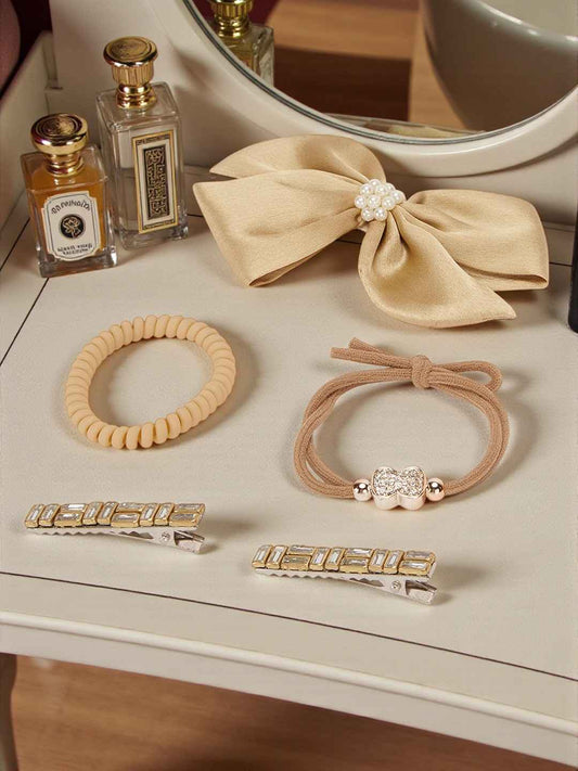 2 Alligator clips, 1 big satin bow & 2 rubber bands - Brown