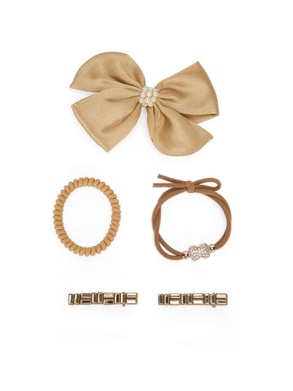 2 Alligator clips, 1 big satin bow & 2 rubber bands - Brown