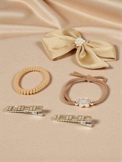 2 Alligator clips, 1 big satin bow & 2 rubber bands - Brown