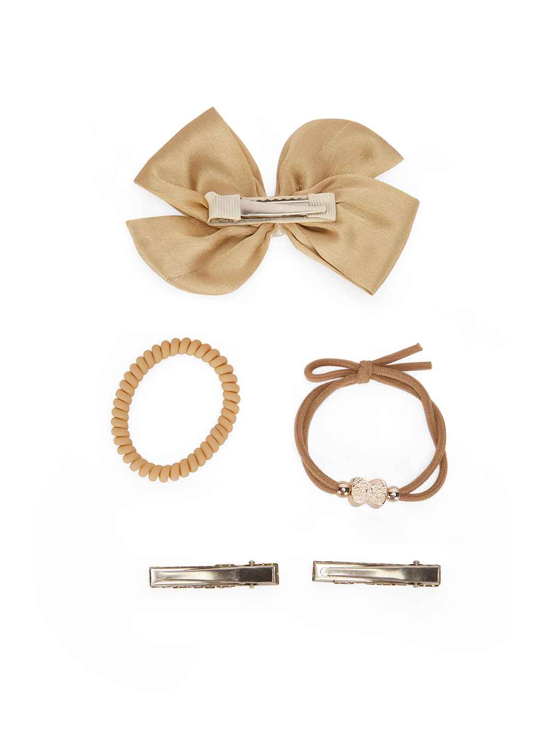 2 Alligator clips, 1 big satin bow & 2 rubber bands - Brown