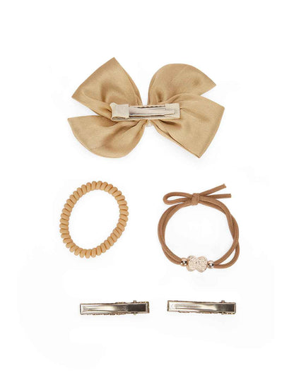 2 Alligator clips, 1 big satin bow & 2 rubber bands - Brown