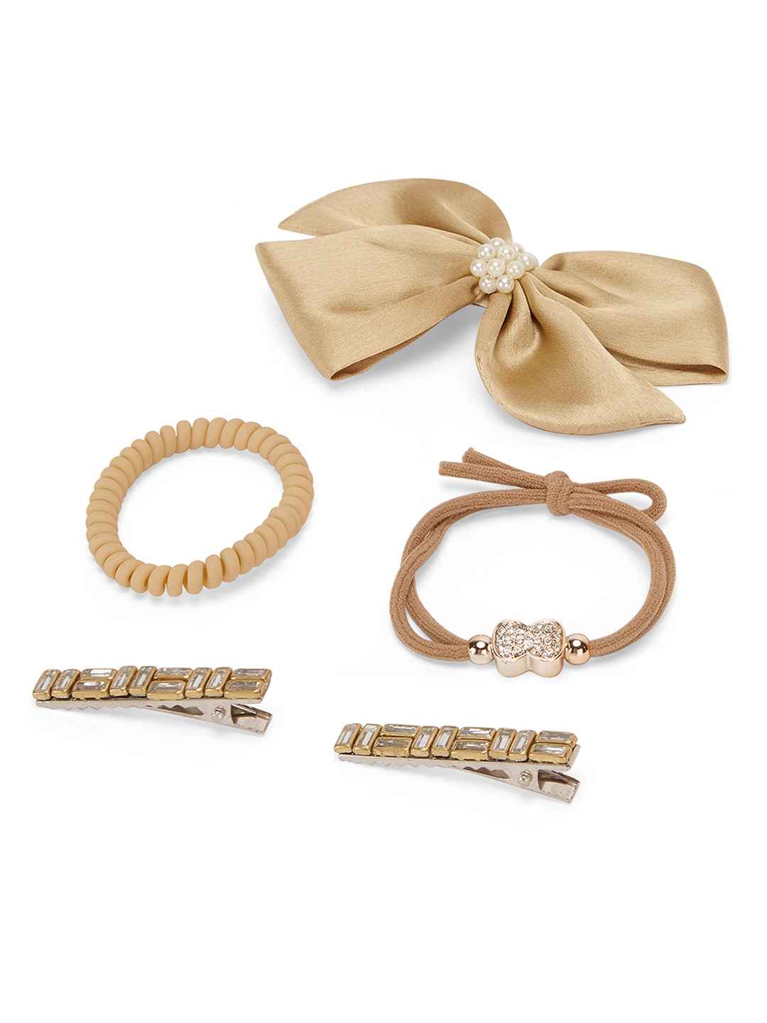 2 Alligator clips, 1 big satin bow & 2 rubber bands - Brown