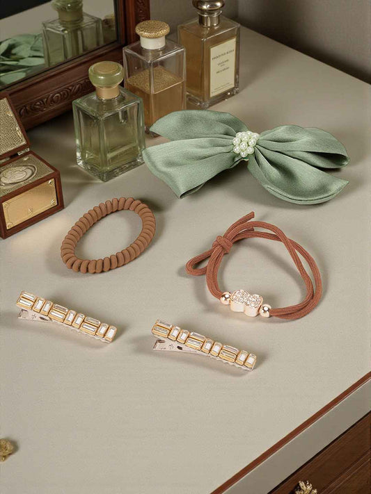 2 Alligator clips, 1 big satin bow & 2 rubber bands - Ivory