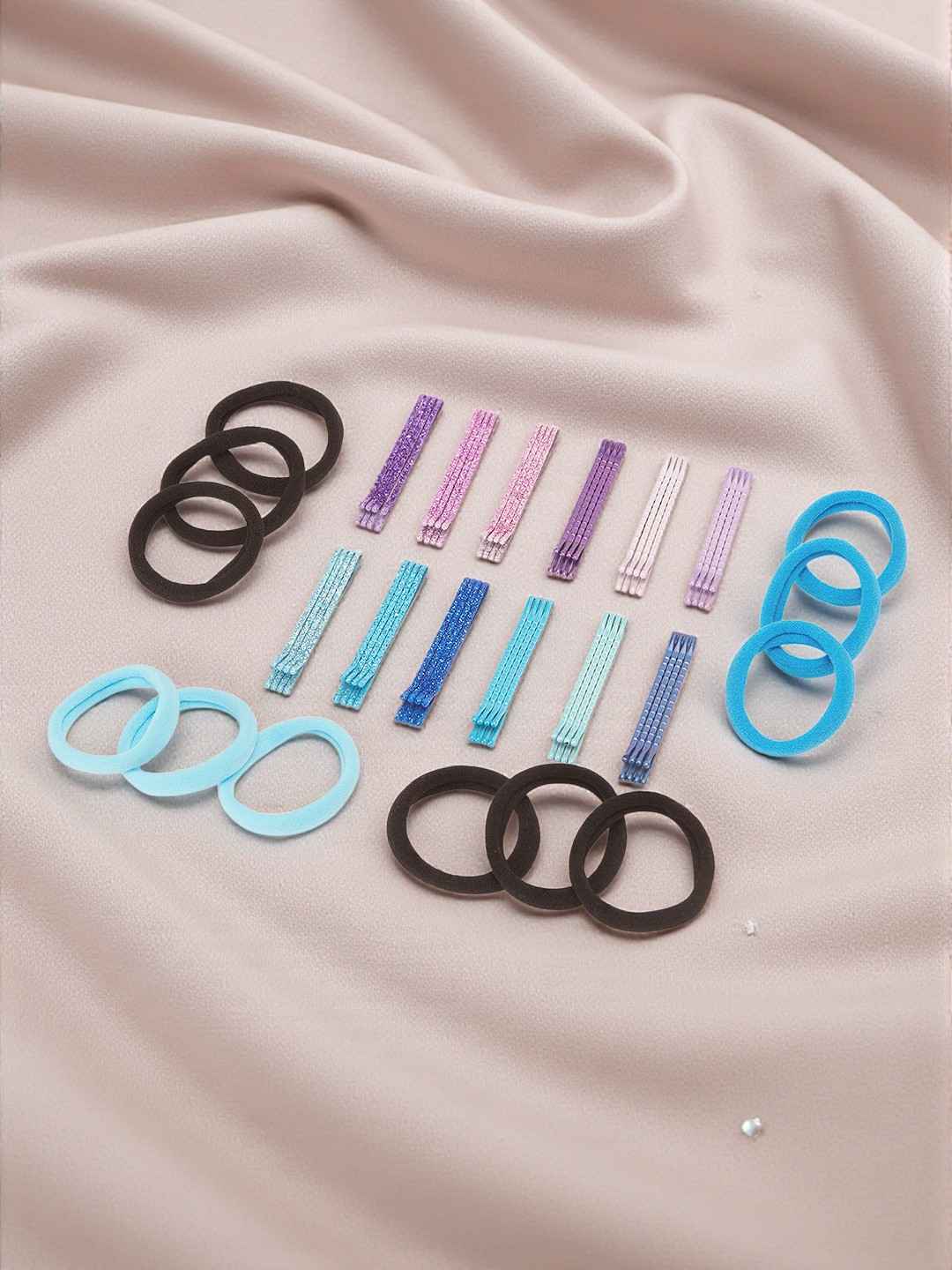 Solid & glitter bobby pins with rubber bands - Blue, Purple