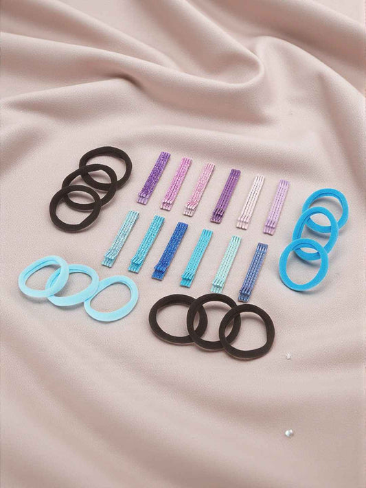 Solid & glitter bobby pins with rubber bands - Blue, Purple
