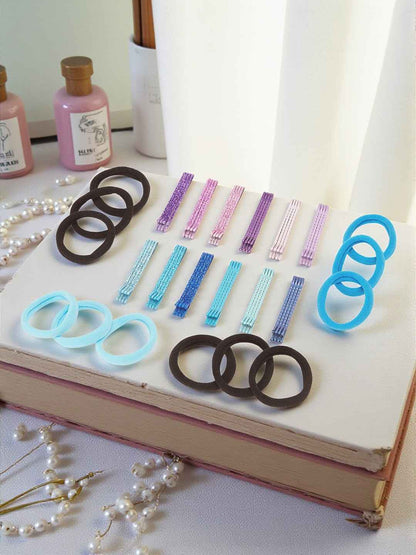 Solid & glitter bobby pins with rubber bands - Blue, Purple