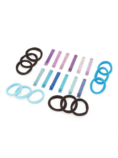 Solid & glitter bobby pins with rubber bands - Blue, Purple