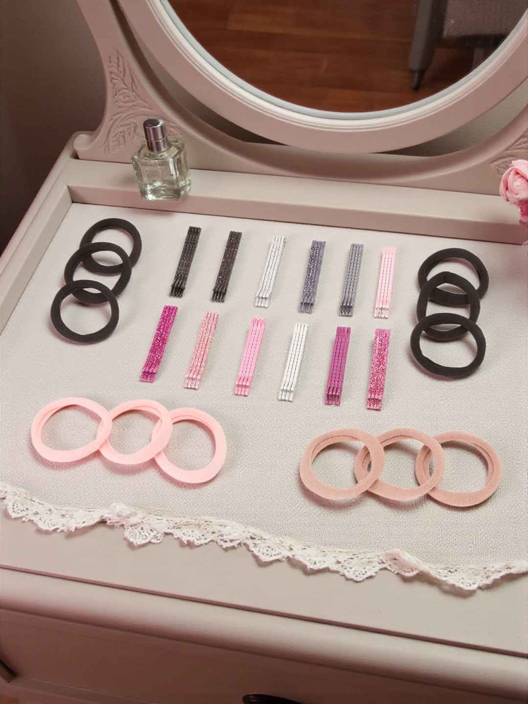 Solid & glitter bobby pins with rubber bands - Black, Pink