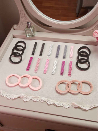 Solid & glitter bobby pins with rubber bands - Black, Pink