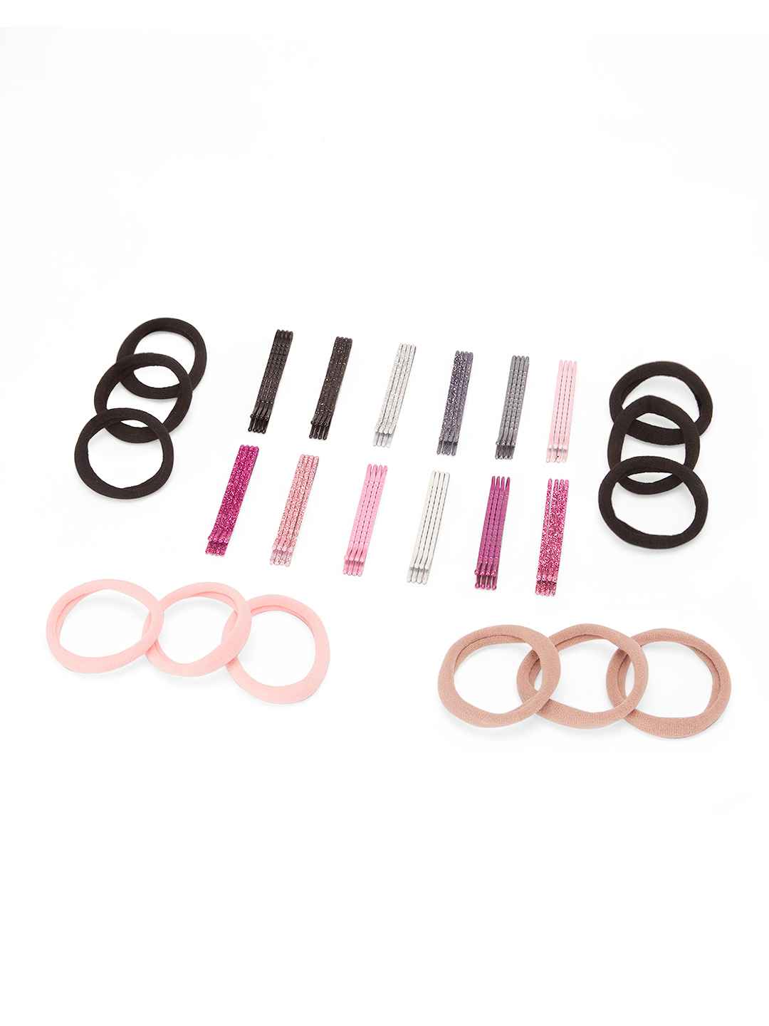 Solid & glitter bobby pins with rubber bands - Black, Pink