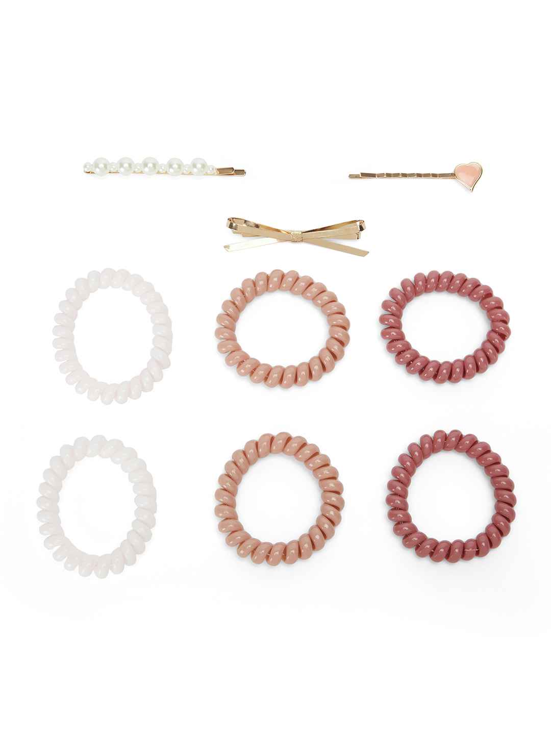 Set of 6 wire hair ties with 3 eleant bobby pins - Pink and Golden