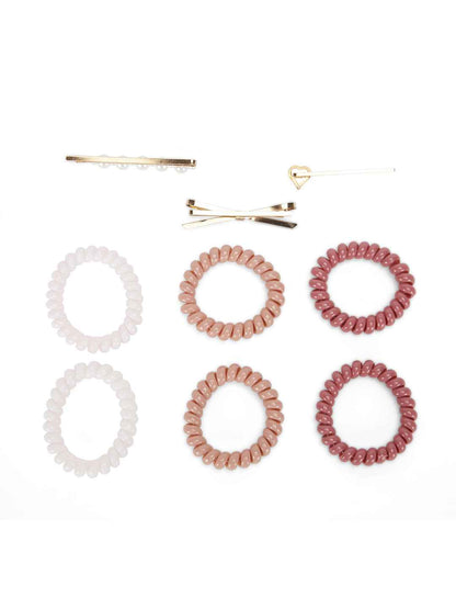 Set of 6 wire hair ties with 3 eleant bobby pins - Pink and Golden