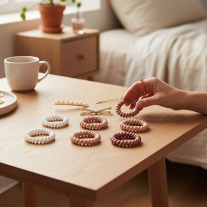 Set of 6 wire hair ties with 3 eleant bobby pins - Pink and Golden
