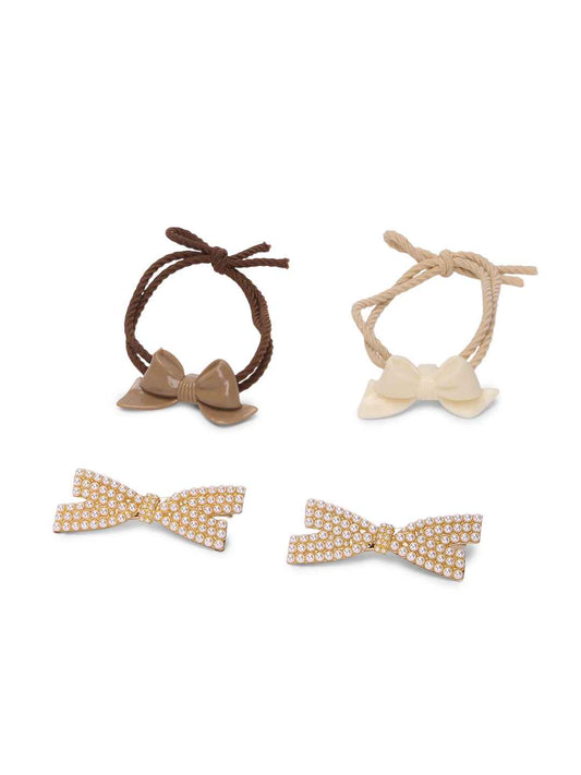 Set of 2 brown hair ties with bow charm and elegant pearl alligator - Brown, Golden