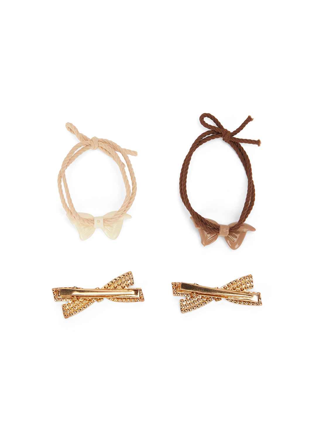 Set of 2 brown hair ties with bow charm and elegant pearl alligator - Brown, Golden