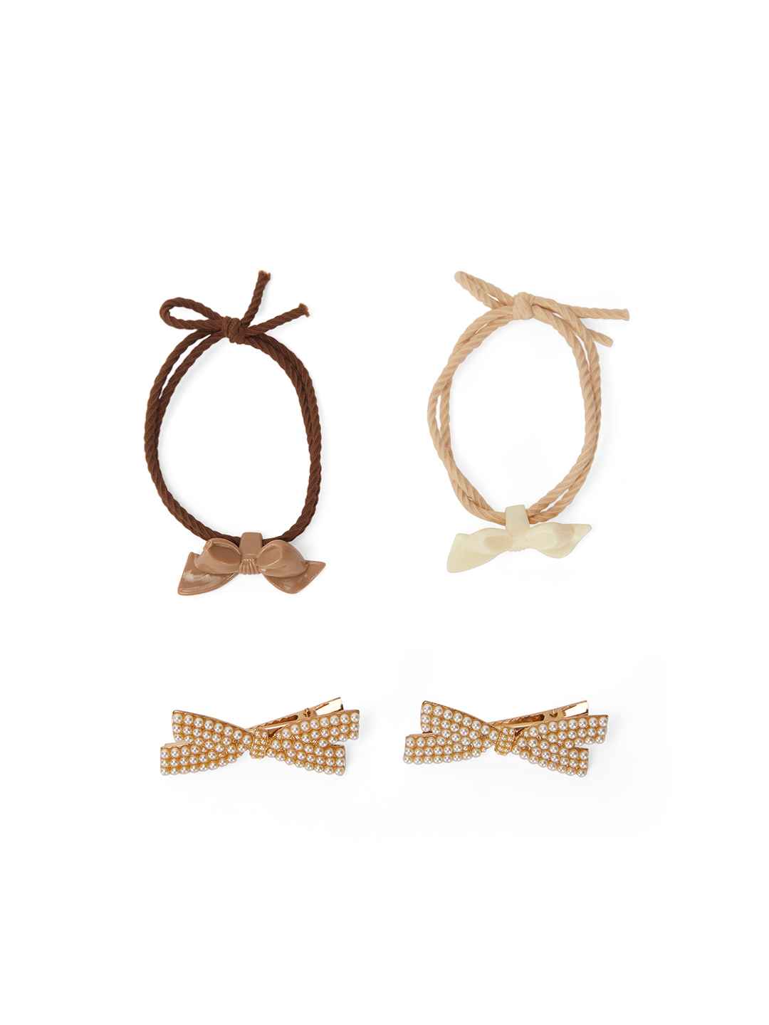 Set of 2 brown hair ties with bow charm and elegant pearl alligator - Brown, Golden