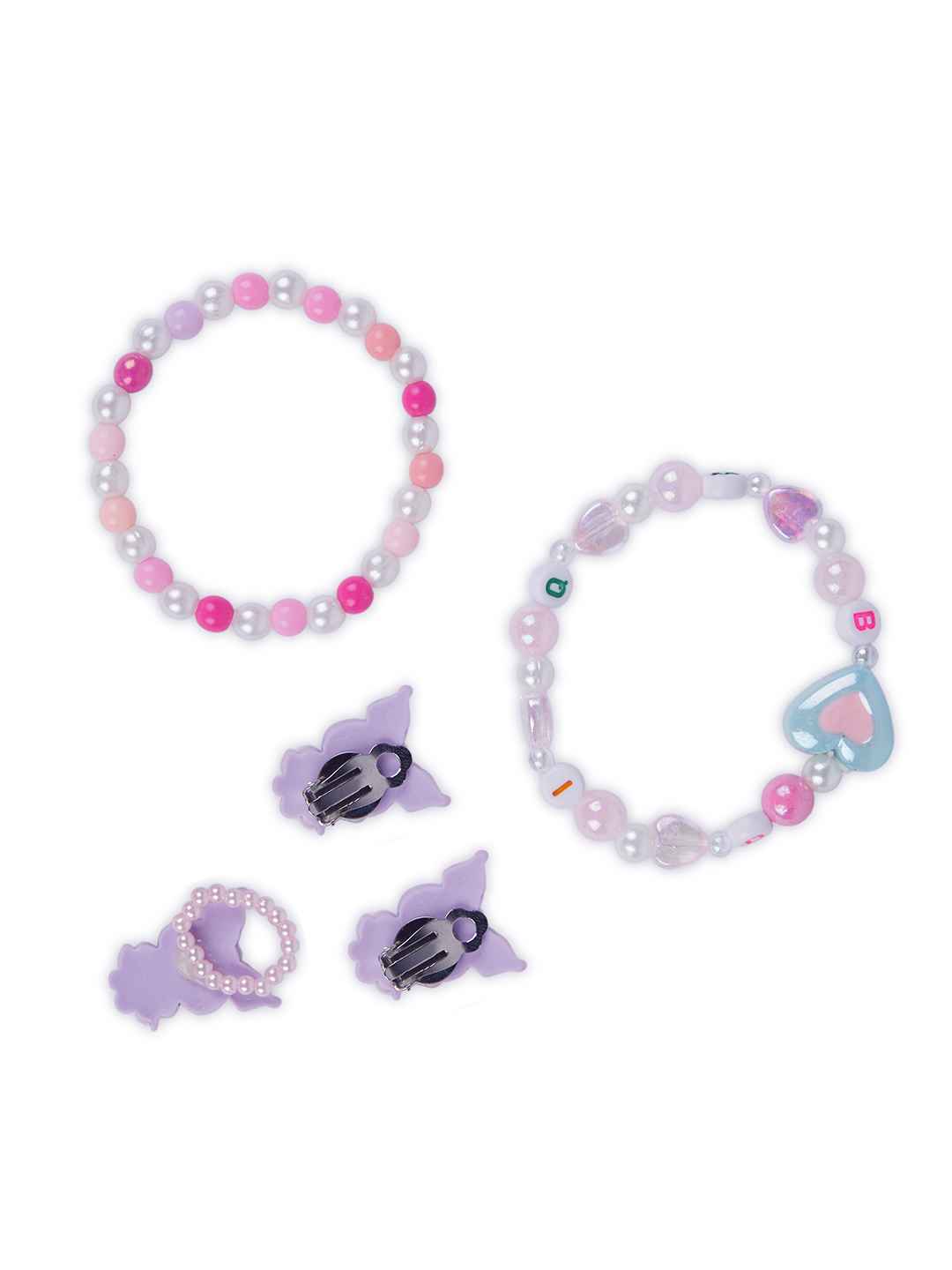 Set of 2 bracelet with matching clip-on earrings and a matching finger ring - Purple